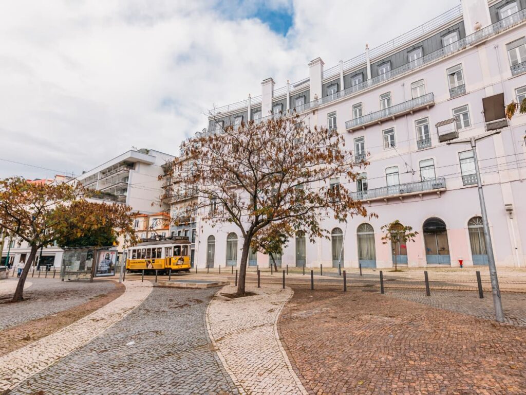 A tram in Lisbon's Estrela neighborhood in autumn.