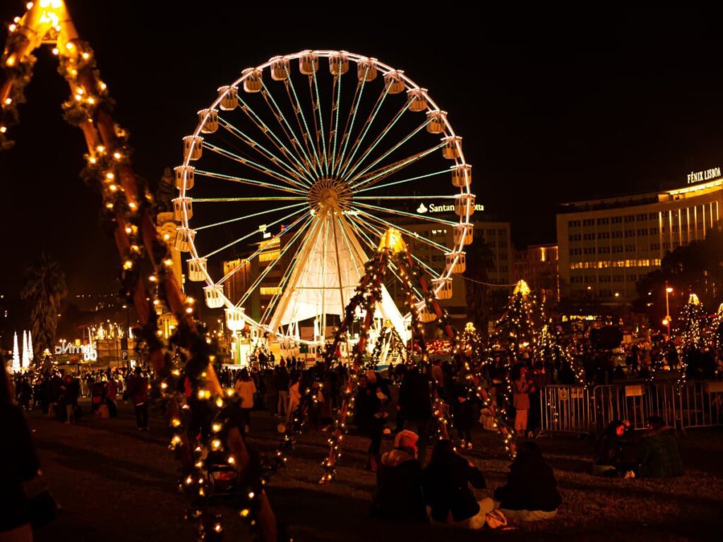 Lisbon's Winter Wonderland Christmas Market, at nighttime.